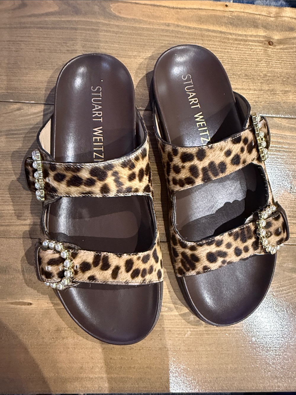 Stuart Weitzman Leopard Print Slide Sandals with Embellishedu Buckles - Brown